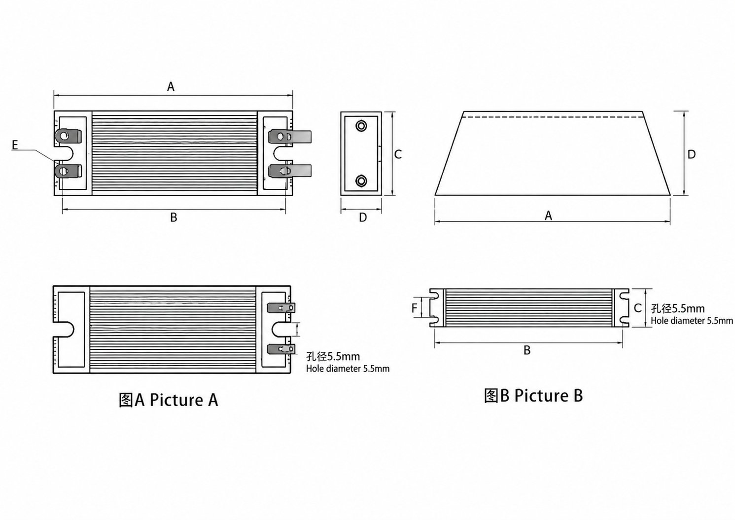 立式铝壳电阻(铝壳制动电阻) Vertical Aluminum-Housed Brake Resistor — dimensional drawing