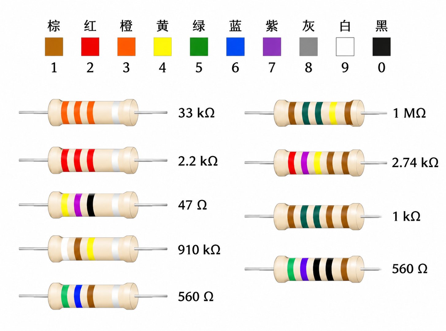 4 色环色码 · ±5% 精度 — 1W ~ 5W 全功率覆盖